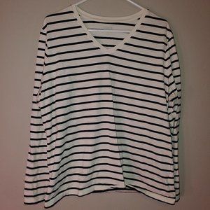 Lands' End V-Neck Long-Sleeved Top - White with Black Stripes